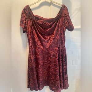 Xhilaration-Burgundy crushed velvet off the shoulder for & flare Dress, Size XL
